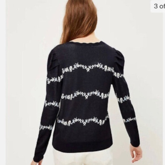 LOFT Navy Floral Scallop Neck Sweater - Picture 6 of 9